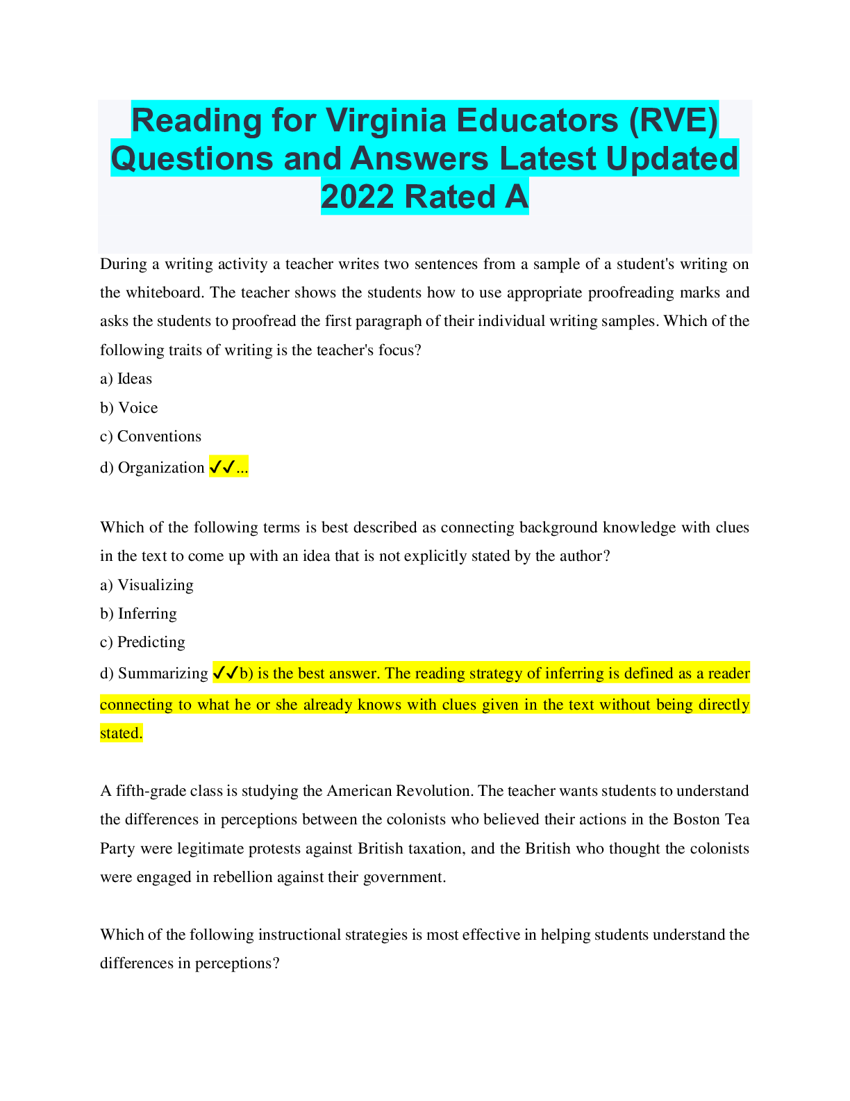 Preview image for Reading for Virginia Educators (RVE) Questions and Answers Latest Updated 2022 Rated A
